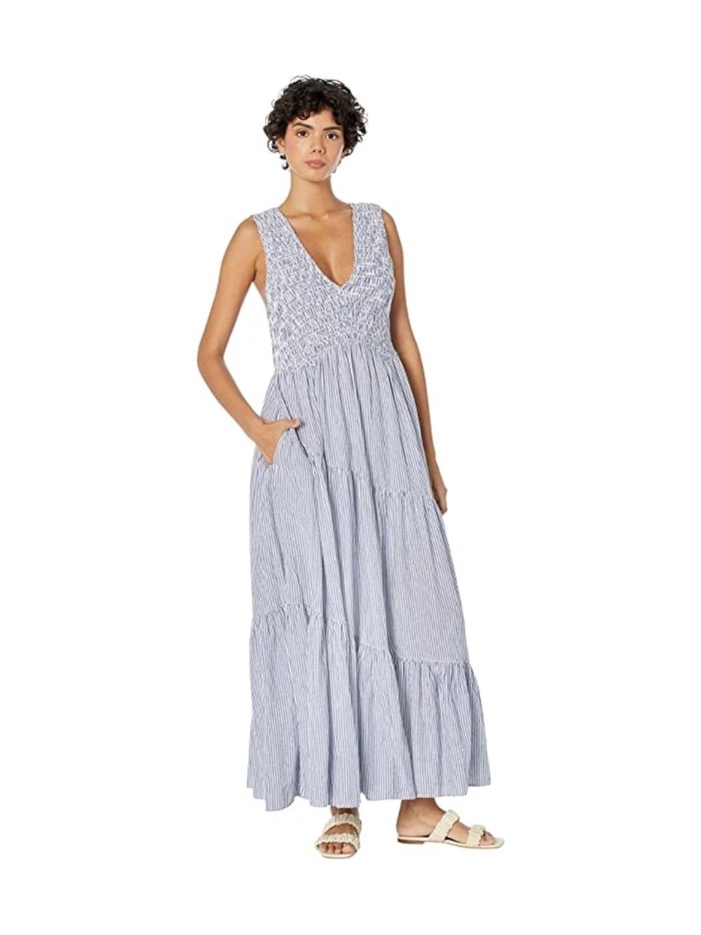 NWT Free People Juno Maxi Dress M Blue Ivory Stripe Smocked Cotton Pockets